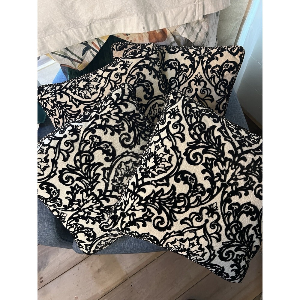 Lot Of 4 Rodeo Home Velvet Damask , black and Ivory Pillow 15" X 15"